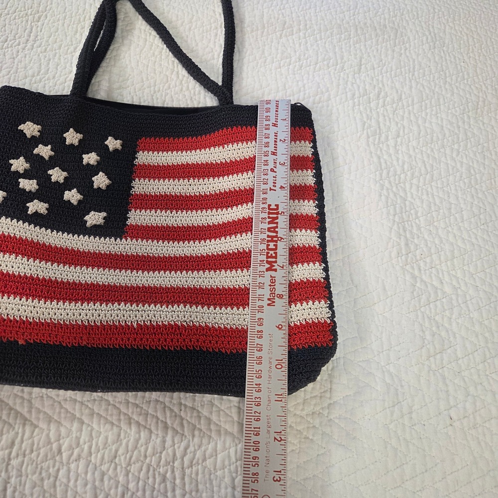 Candies American Flag Crochet Tote Bag Navy Red White Patriotic Stars Stripes - Picture 6 of 7